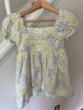 Puff Sleeve Floral Dress in White, Light Blue & Green